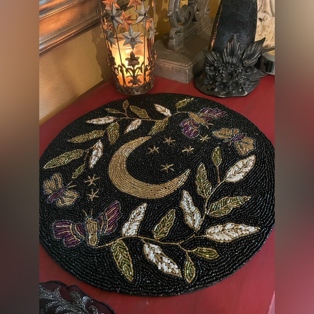 Round Black And Gold Celestial Crescent Moon & Moth Beaded Placemat Charger